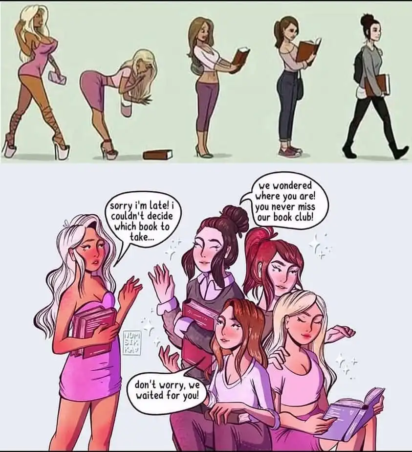 The image shows a comic strip with two panels. The top panel depicts a woman in progressively more casual clothing, dropping…