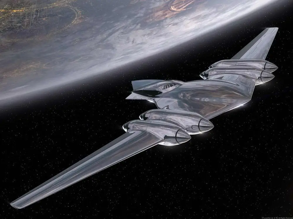 A sleek, silver, futuristic spaceship with four engines flies through space, with a planet visible in the background. The…