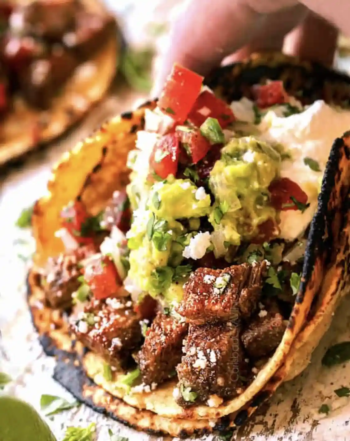 A close-up photo of a loaded taco with grilled tortilla, seasoned meat, guacamole, sour cream, diced tomatoes, and cilantro…