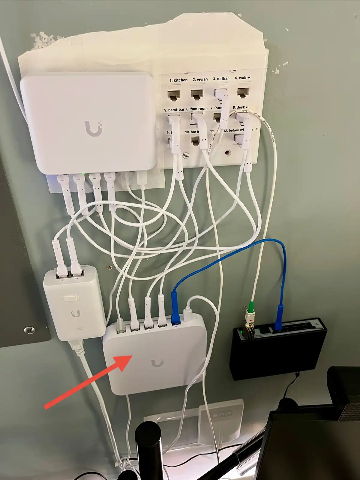 A wall-mounted network setup with multiple white Ubiquiti devices and a patch panel labeled with room names and names like…