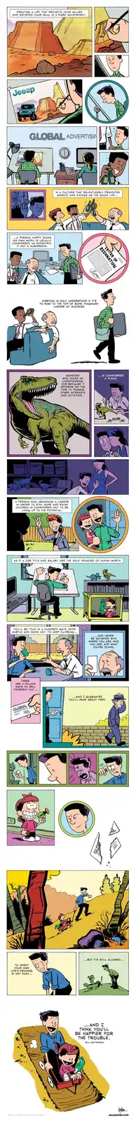 A comic strip by Bill Watterson depicts a man leaving a corporate job to pursue personal fulfillment, illustrated with…