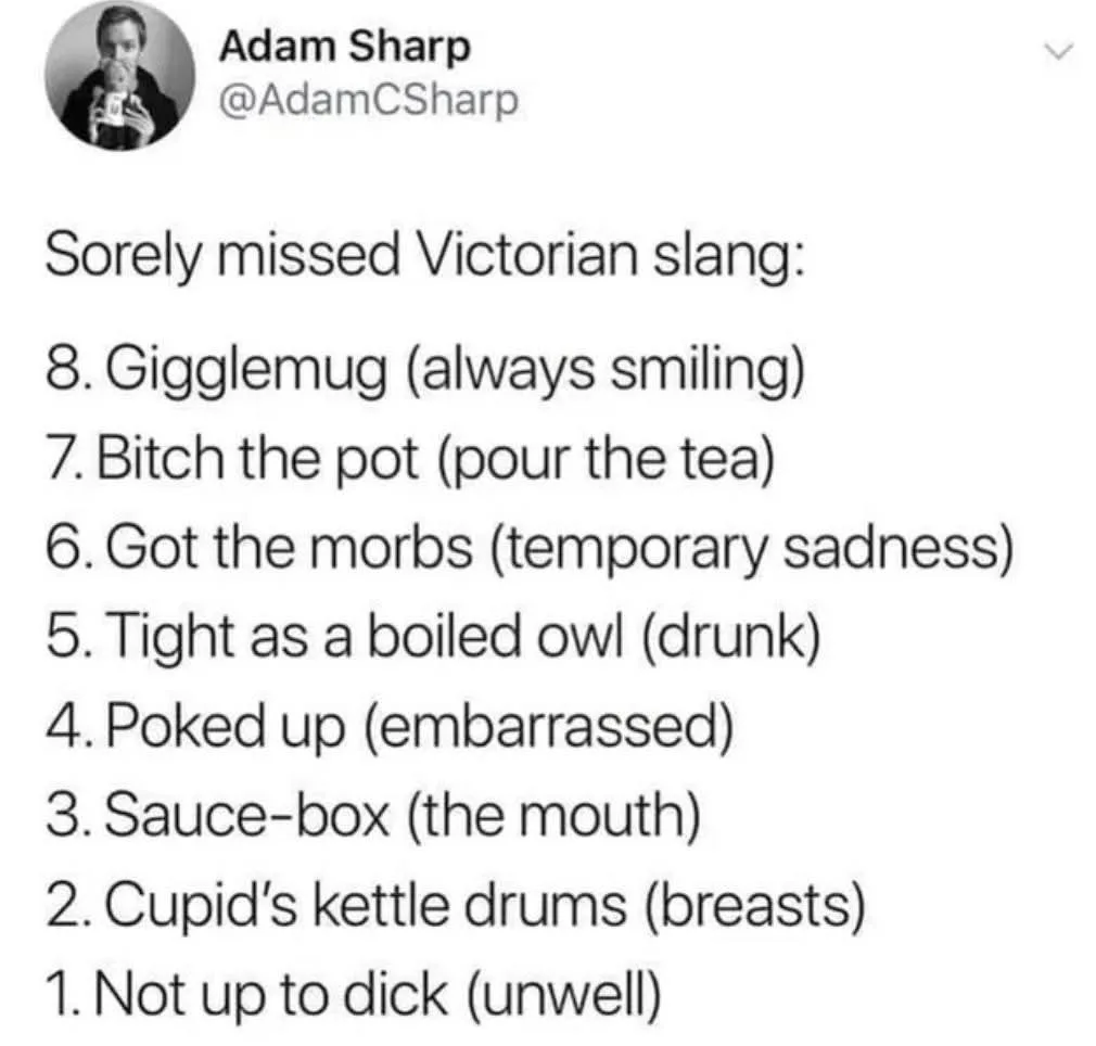 A screenshot of a tweet by Adam Sharp listing Victorian slang terms with their modern meanings, numbered 1 to 8, such as…