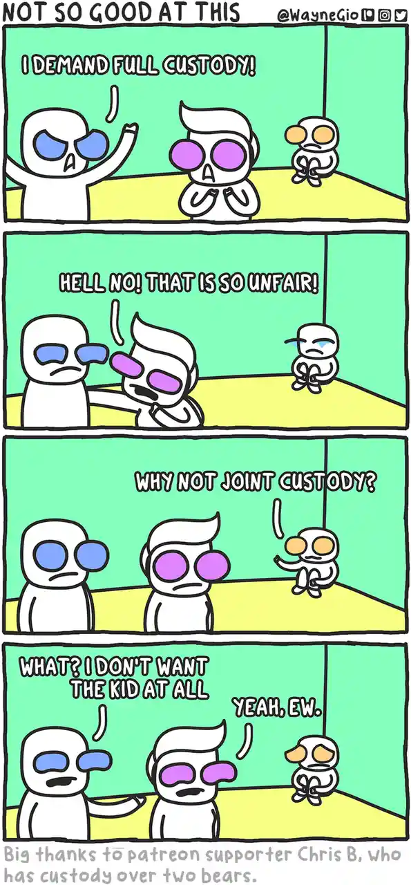 A four-panel comic shows two adults arguing over child custody in a courtroom while a small child sits passively. The first…