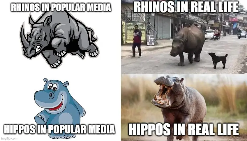 The image is a four-panel meme comparing fictional depictions with reality. Top left shows a cartoon rhino labeled 'RHINOS…