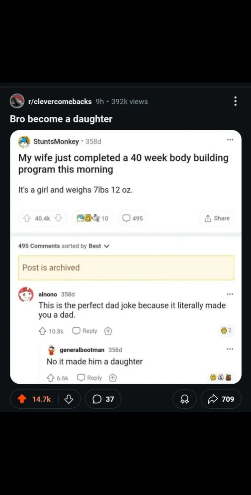 A screenshot of a Reddit post from r/clevercomebacks showing a user named StuntsMonkey who says his wife completed a 40-week…