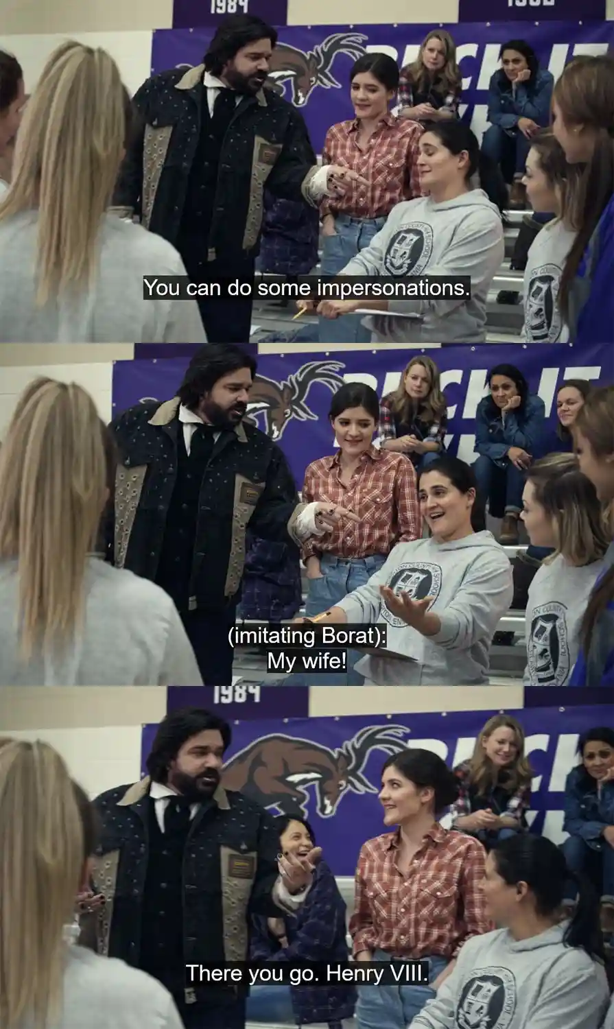 A three-panel meme from a movie scene where a man in a denim jacket asks a woman to do impersonations. She enthusiastically…