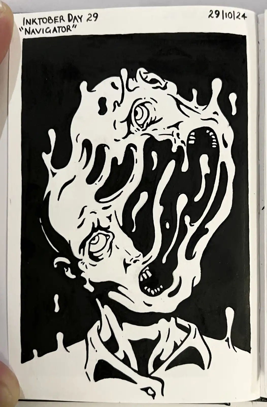A black-and-white ink drawing depicts a grotesque, melting humanoid figure with multiple eyes and mouths, appearing to be…