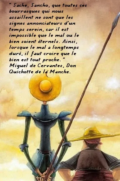 An illustration shows Don Quixote, in full armor with a helmet, standing beside Sancho Panza, who wears a straw hat and…