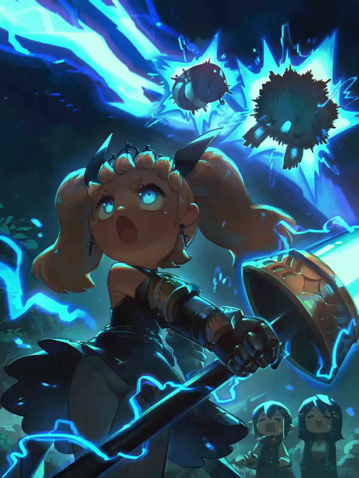 An anime-style illustration shows a young girl with brown pigtails and a black outfit wielding a glowing blue sword, her…
