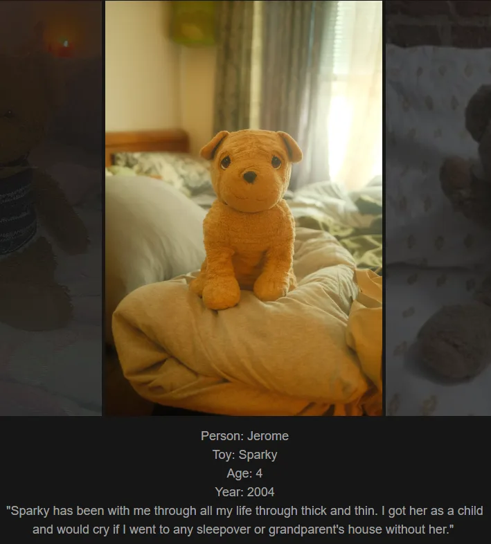 A plush brown dog toy named Sparky sits upright on a bed covered in blankets, bathed in warm sunlight from a window. Below…