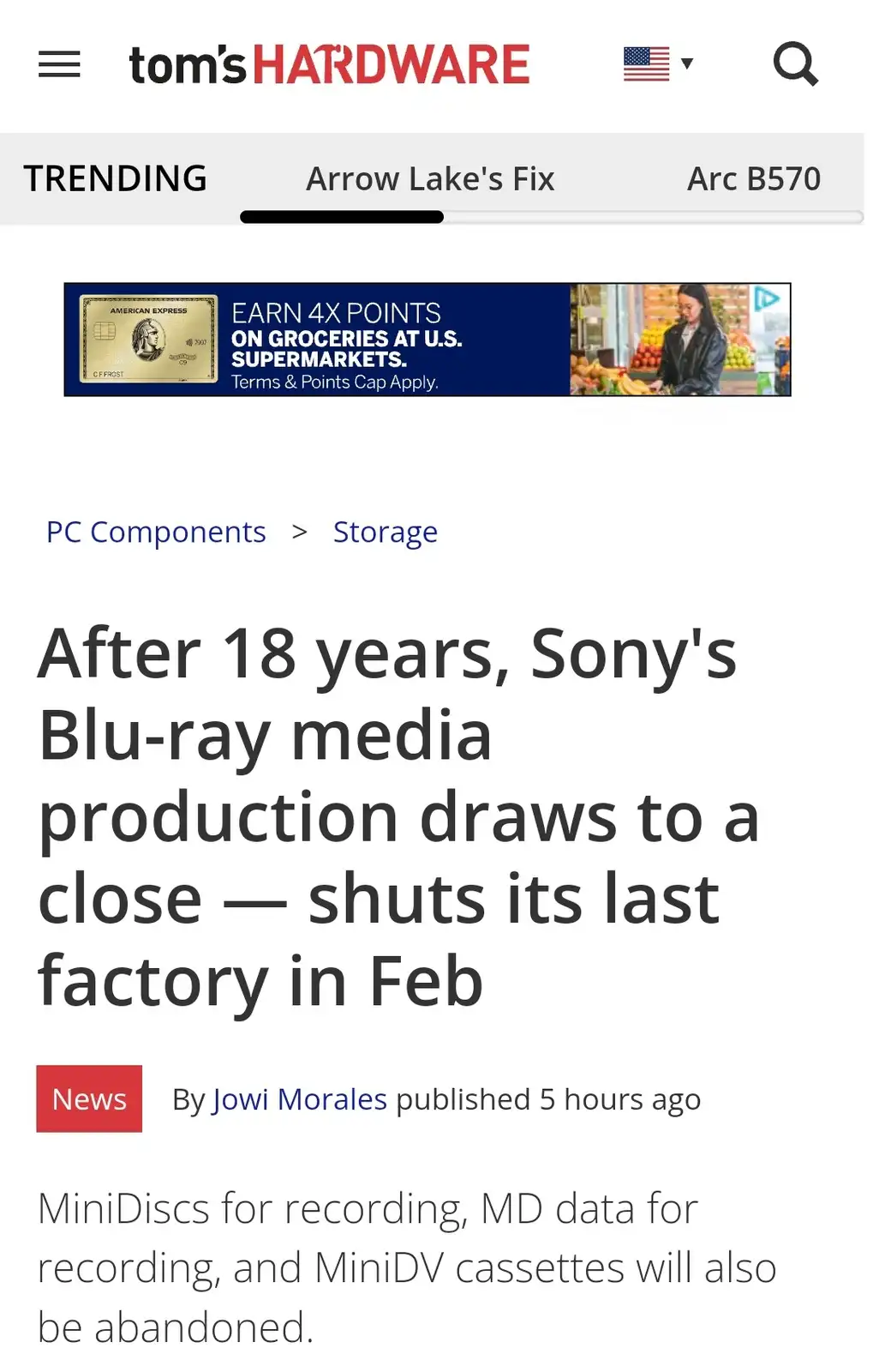 A screenshot of a Tom's Hardware news article announcing Sony's closure of its last Blu-ray media factory in February after…