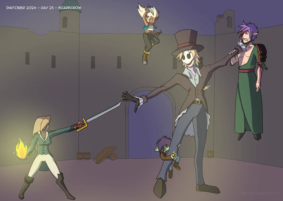 A digital illustration depicts a tall scarecrow with a top hat and a smiling face, holding a purple-haired elf by the neck…