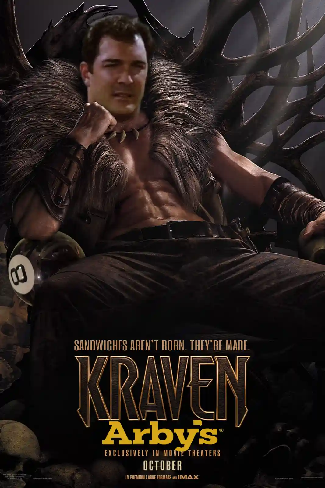 A movie poster for 'Kraven Arby's' features a muscular man with antlers and fur, sitting regally on a throne, holding a pool…