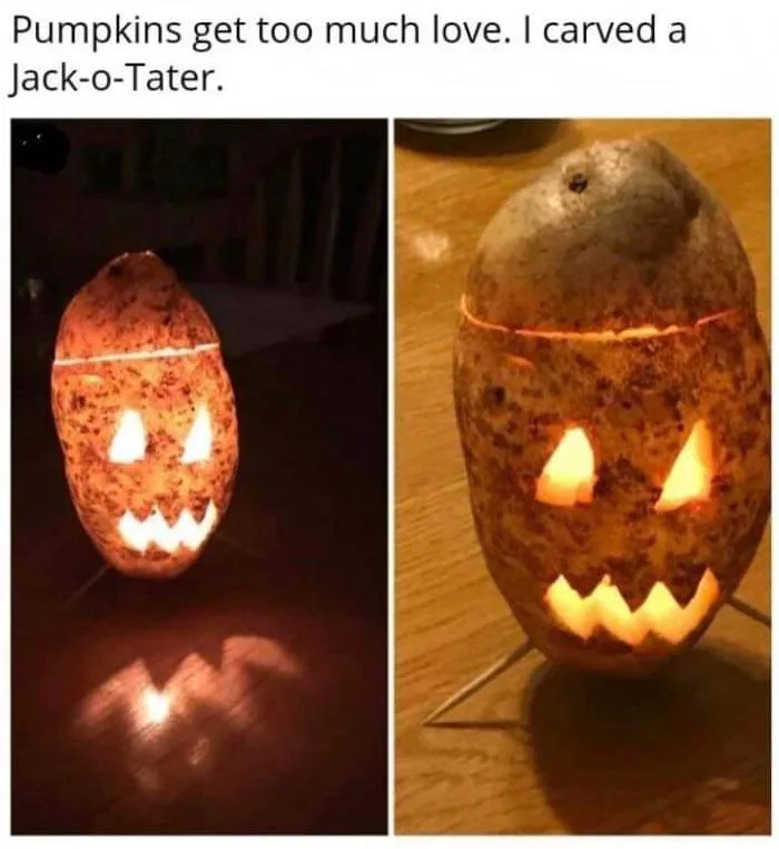 The image displays two side-by-side photos of a potato carved with a jack-o'-lantern face, lit from within by a candle or…