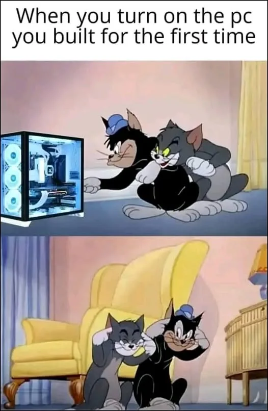 Two cartoon cats, Tom and Jerry, are shown in two panels. In the top panel, they are excitedly pointing at a transparent…