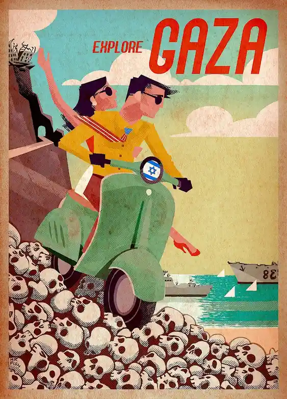 A vintage-style travel poster depicts a man and woman in sunglasses riding a green scooter with an Israeli flag on the…