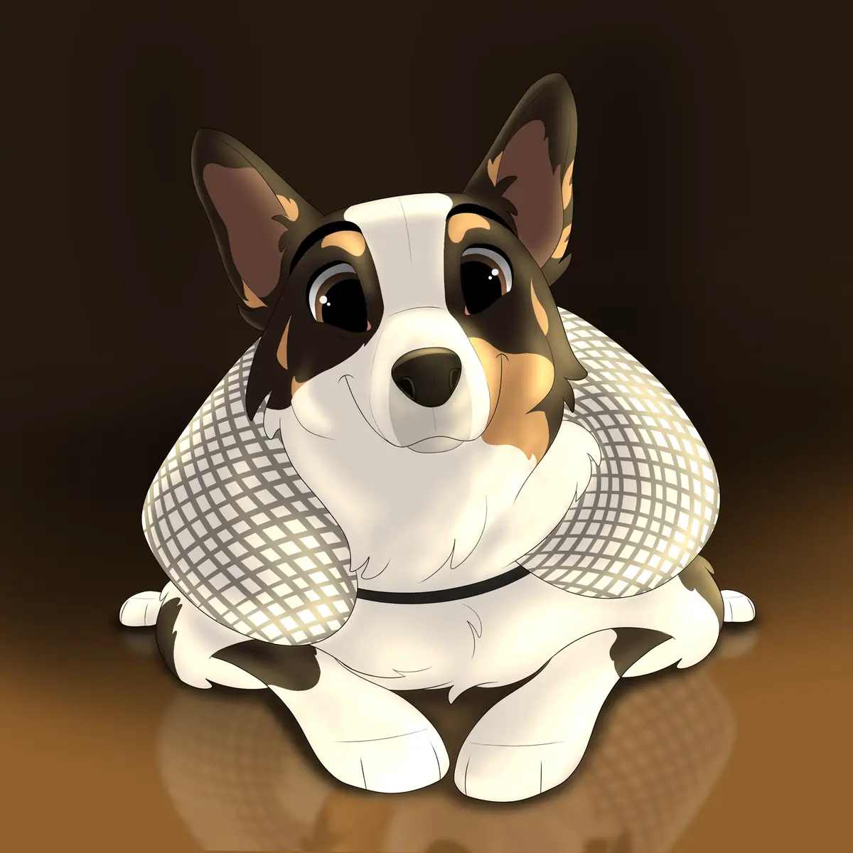 A cartoon corgi with a white, black, and tan coat is sitting and smiling while wrapped in a large, checkered, glowing…