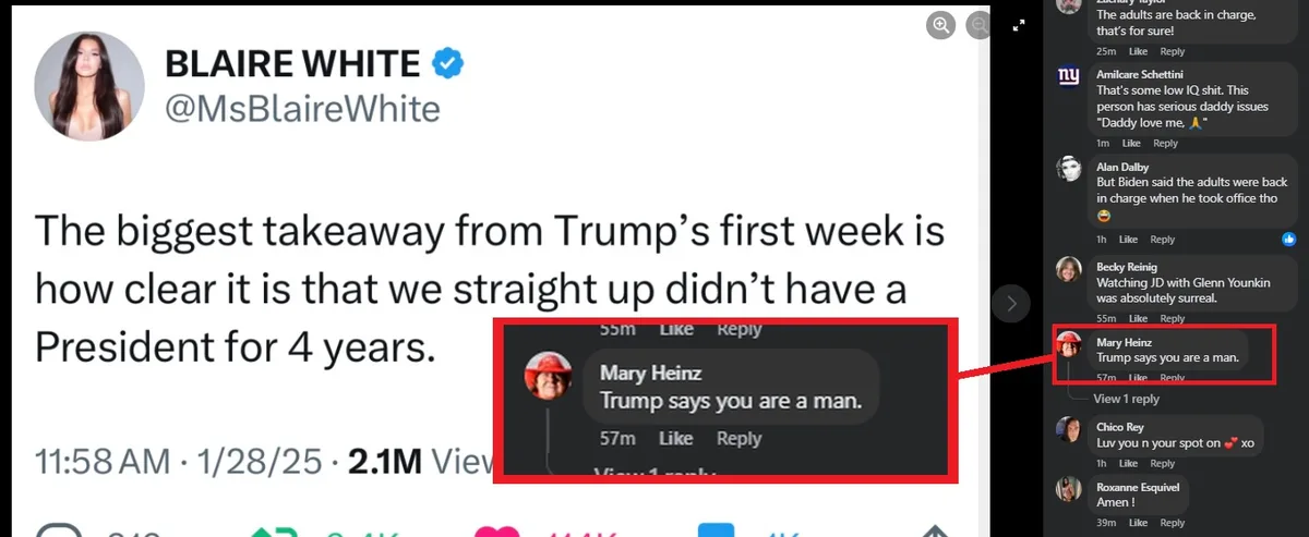 A screenshot of a Twitter post by Blaire White stating 'The biggest takeaway from Trump's first week is how clear it is that…