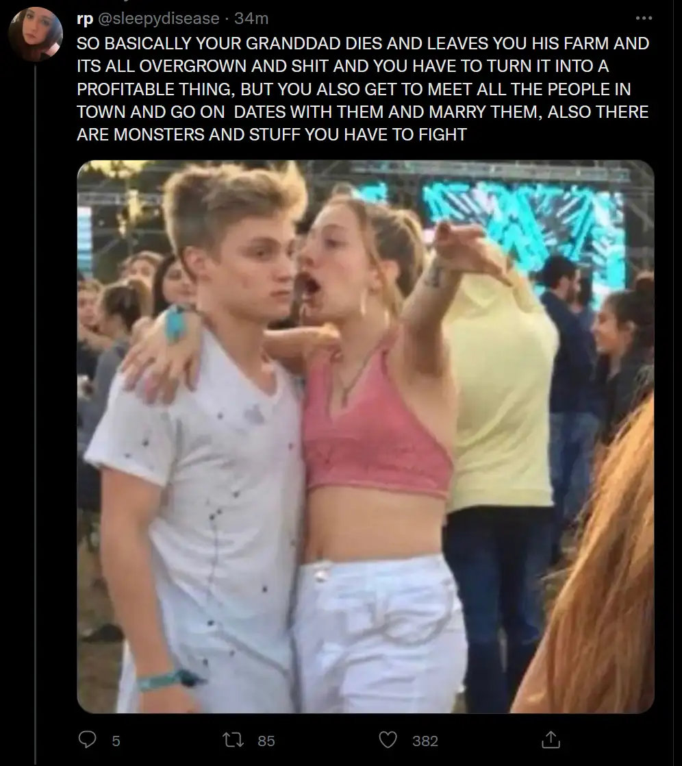 A young woman in a pink crop top and white shorts is yelling or singing loudly while embracing a young man in a white shirt…