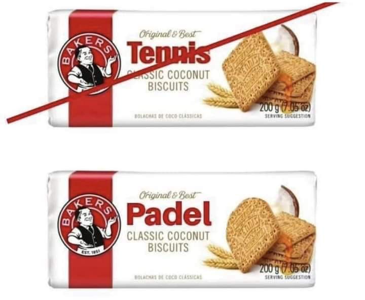 Two identical packages of Bakers Classic Coconut Biscuits are shown, one with 'Tennis' and the other with 'Padel' as the…