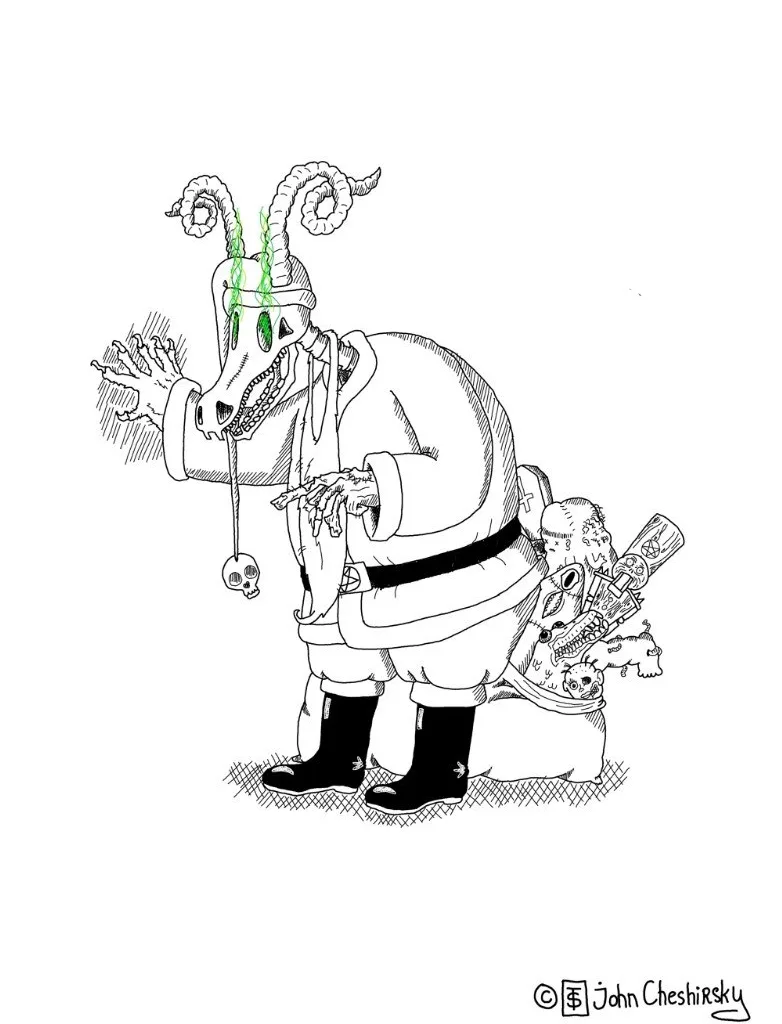 A black-and-white line drawing shows a skeletal, demonic figure wearing a Santa Claus suit with a skull hanging from its…