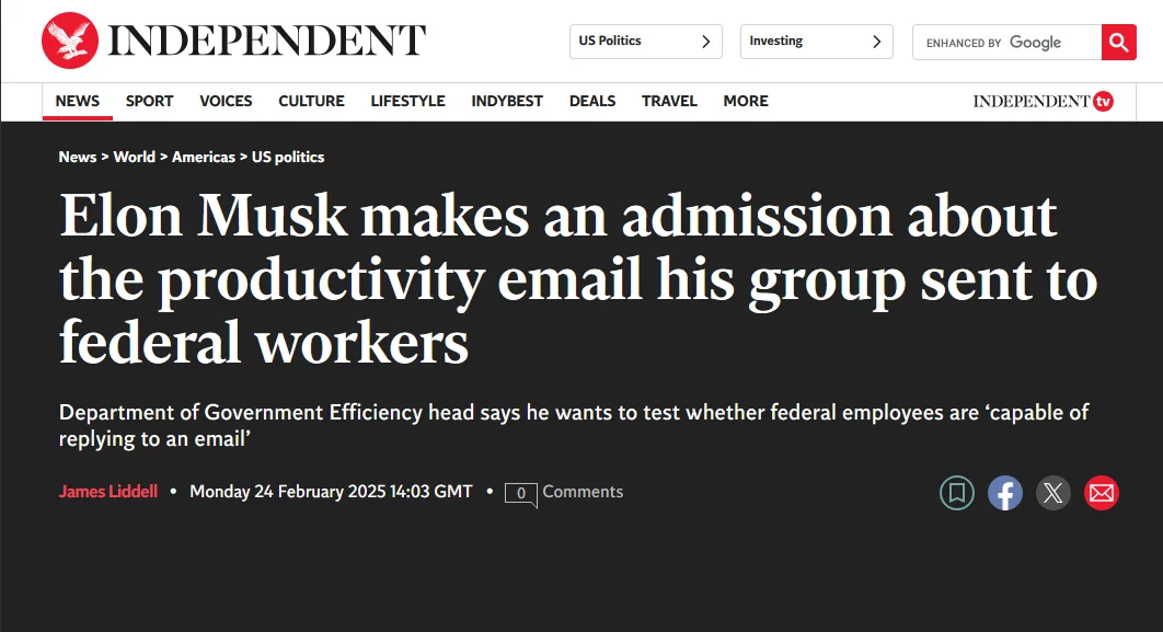 A screenshot of a news article from the Independent website with a black background and white text. The headline reads 'Elon…