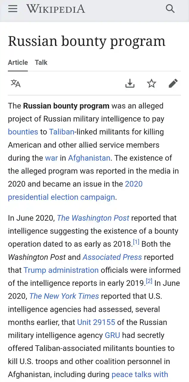 The image displays a screenshot of the Wikipedia article titled 'Russian bounty program,' showing the introductory paragraph…