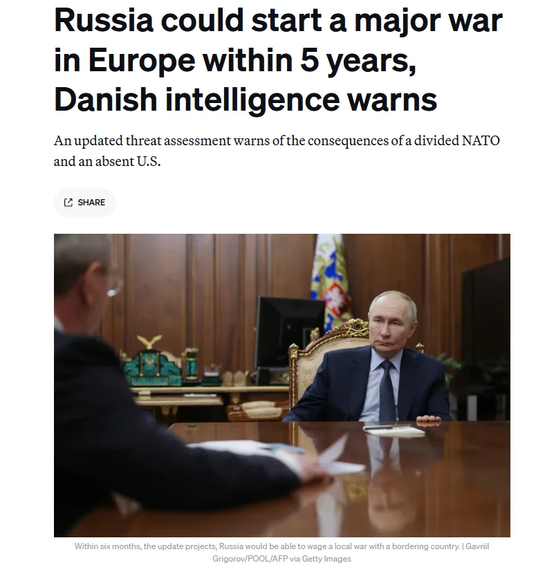 A news article screenshot shows a photo of Vladimir Putin seated at a polished wooden desk in an ornate office, facing…