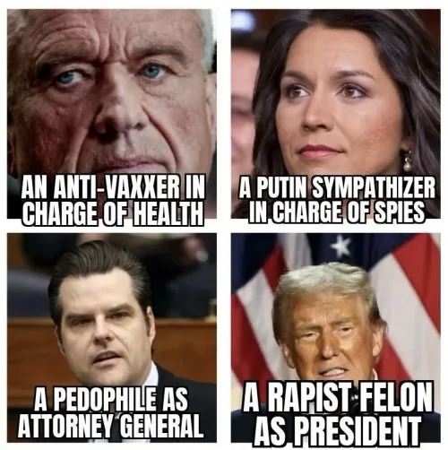 A four-panel meme grid featuring close-up photos of four public figures with overlaid text accusing them of extreme…