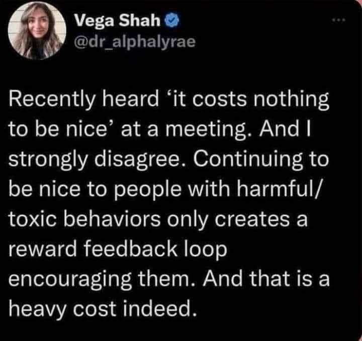 A screenshot of a tweet by Vega Shah (@dr_alphalyrae) with a black background and white text. The tweet argues against the…
