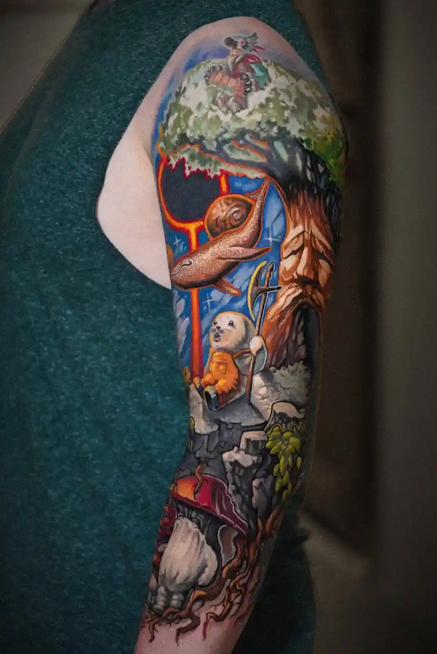 A person's left arm features a full-sleeve tattoo depicting a surreal, colorful scene from the video game 'The Legend of…