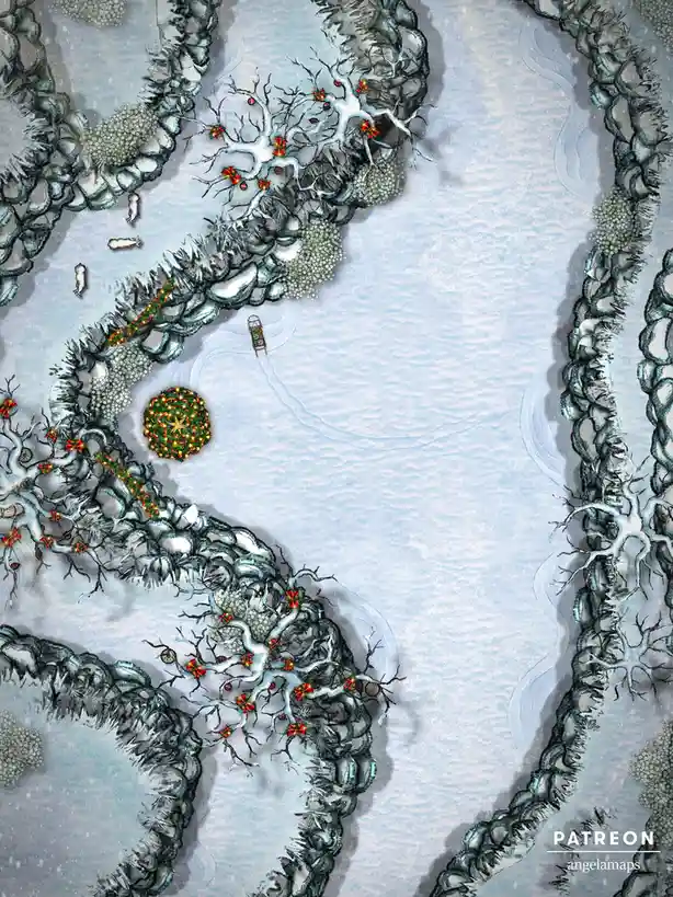 An overhead view of a snowy, icy landscape with decorative, brightly lit Christmas trees and a sleigh on a path, surrounded…