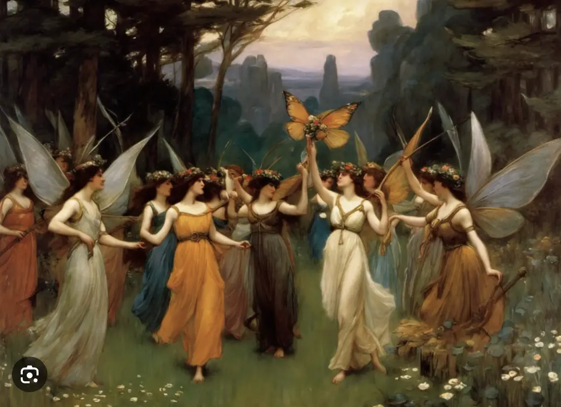 A classical painting depicts a group of winged fairies in flowing robes dancing in a forest clearing, one fairy raises a…