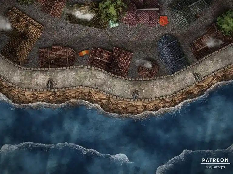 An overhead view of a fantasy coastal town with cobblestone streets, tiled roofs, and cannons on a cliff overlooking the…