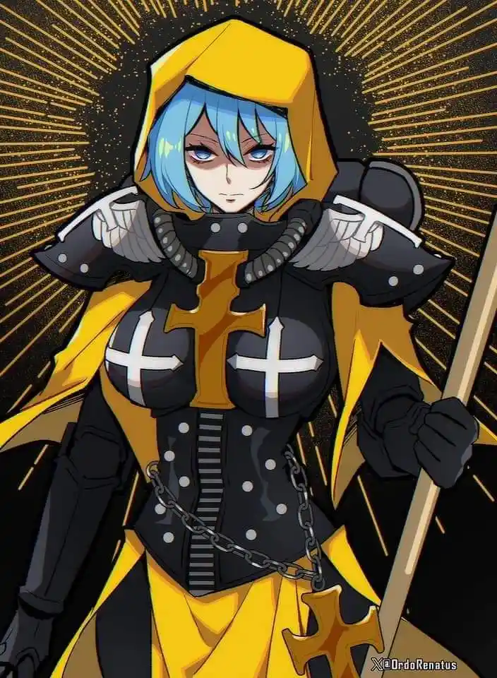 An anime-style illustration of a female character with blue hair and a yellow hooded cloak, wearing black armor with white…