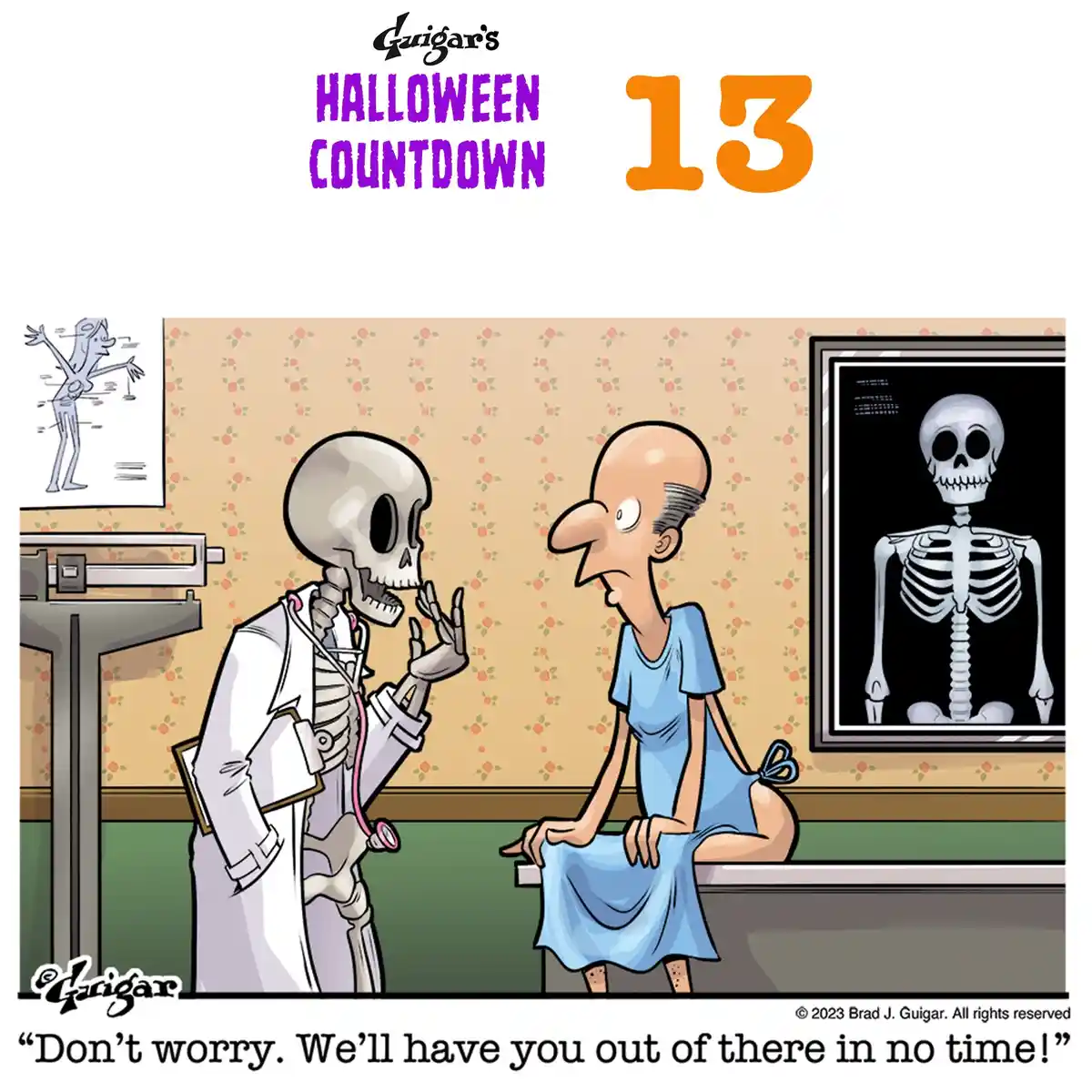 A cartoon skeleton doctor in a white coat with a stethoscope reassures a bald, worried patient sitting on an exam table. The…