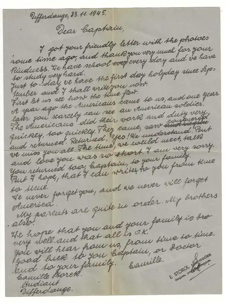 A handwritten letter dated November 23, 1945, from a student named Camille Storck in Differdange, addressed to 'Dear…