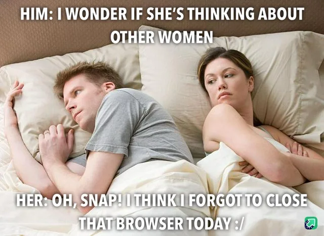 A man and woman are lying in bed, both looking away from each other with annoyed or unimpressed expressions. The man is on…