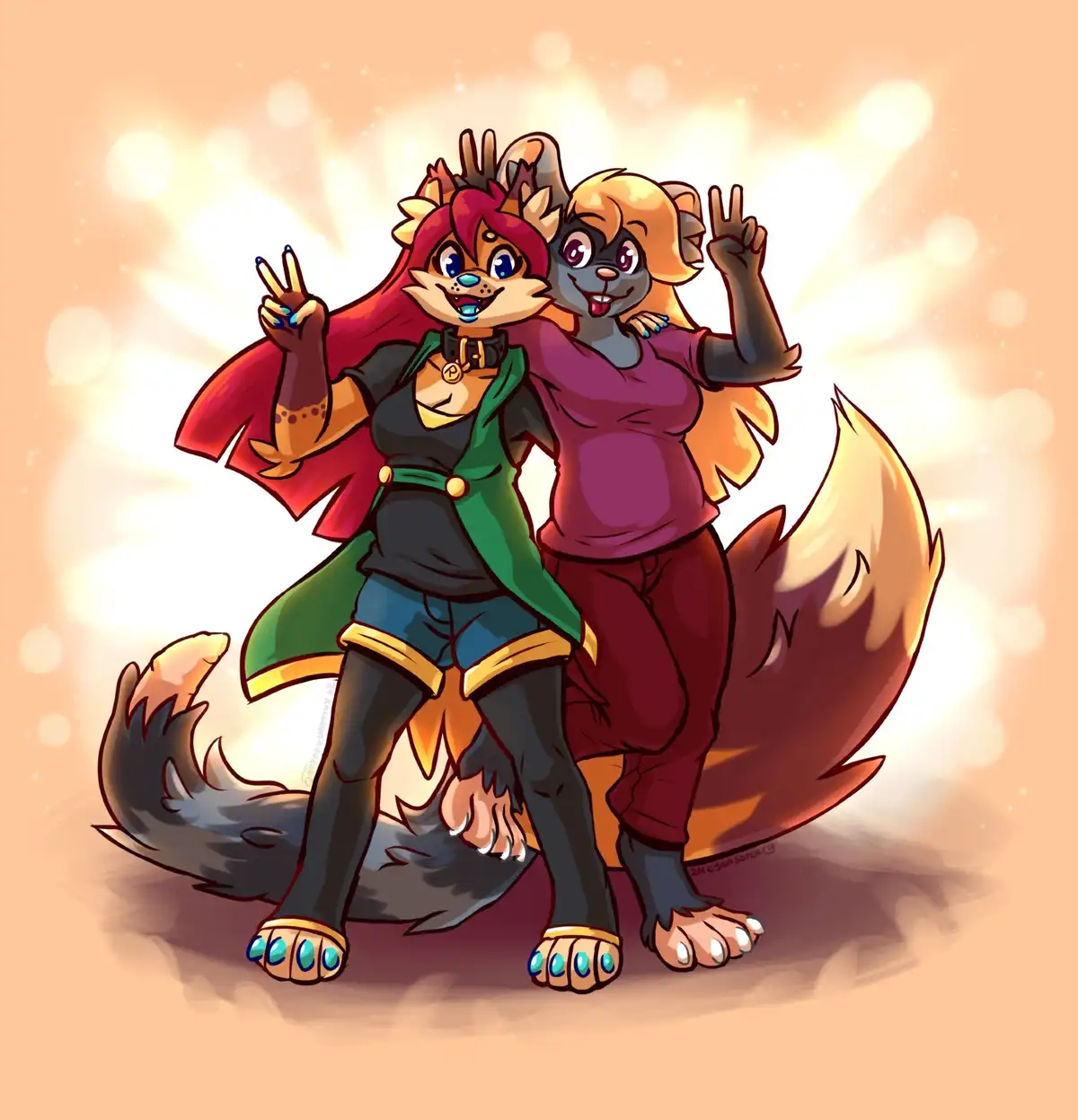 Two anthropomorphic foxes pose cheerfully against a glowing, warm-toned background, both making peace signs with their…