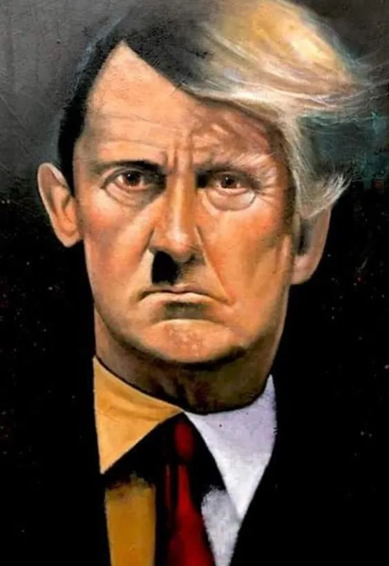 A digitally altered portrait shows a man with Adolf Hitler's face superimposed onto the body of Donald Trump, who is wearing…