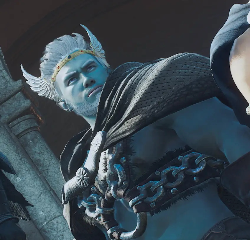 A blue-skinned, muscular man with white hair and a winged crown looks intensely upward, wearing ornate armor and a dark…