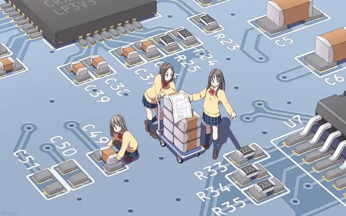 Three anime-style girls in school uniforms are depicted working on a circuit board, placing electronic components into…