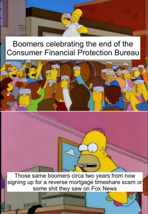 The meme features two panels from The Simpsons. The top panel shows a crowd of Simpsons characters, including Homer, raising…
