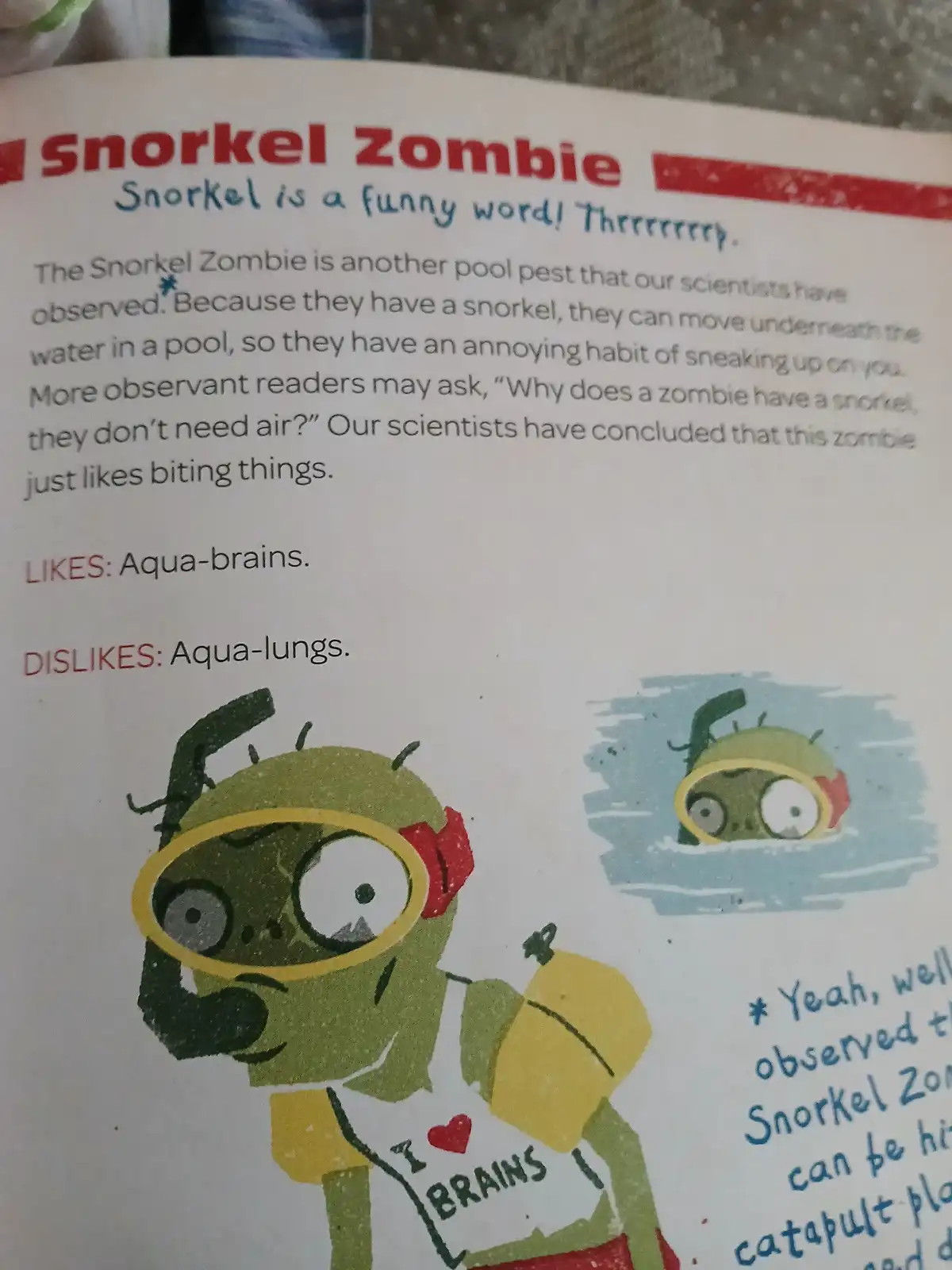 A page from a 'Plants vs. Zombies' guidebook describes the 'Snorkel Zombie,' a green zombie wearing a snorkel, goggles, and…