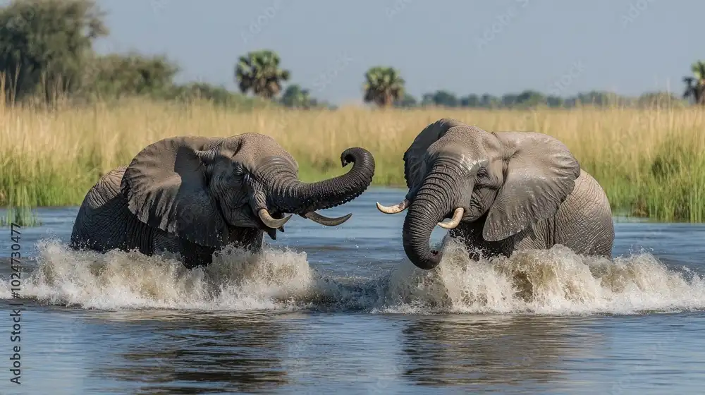 Two large African elephants are shown in a body of water, facing each other with their trunks raised and splashing water…