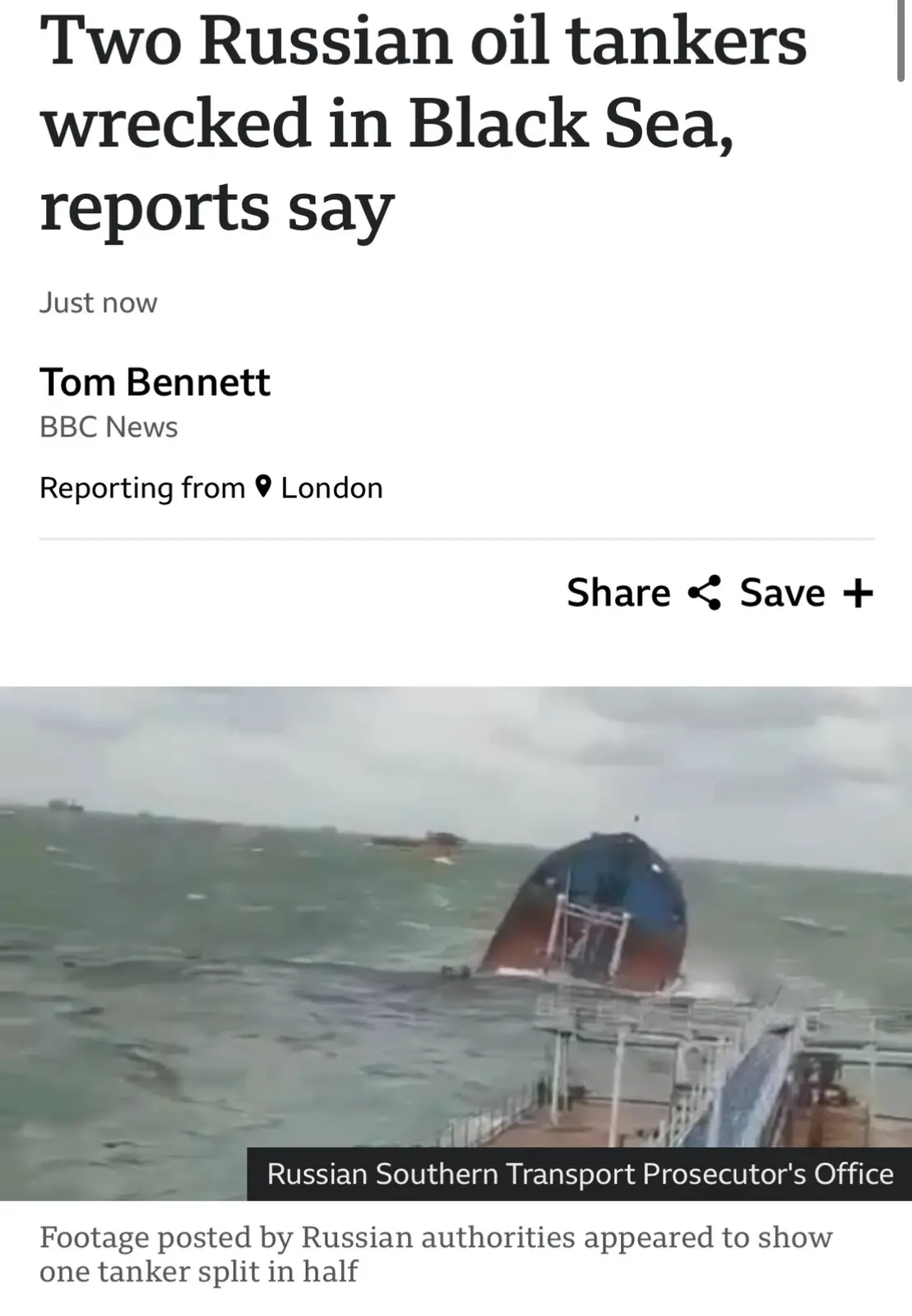 A screenshot of a BBC News article by Tom Bennett reporting from London, showing a large oil tanker sinking in rough seas…