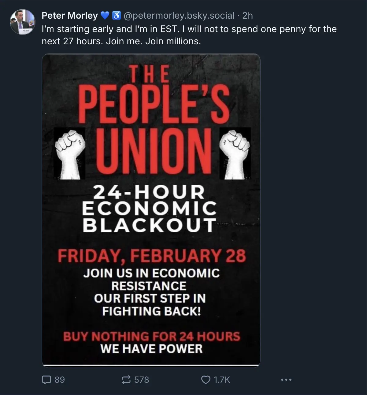 A screenshot of a social media post by Peter Morley featuring a poster for 'The People's Union' that announces a '24-Hour…