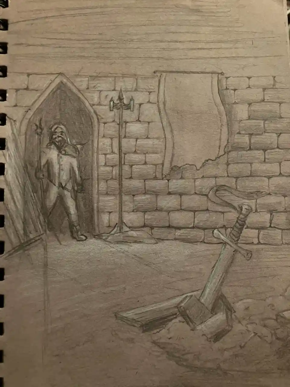 A pencil sketch depicts a medieval-style dungeon with stone walls, an arched doorway, and a candlestick. A bearded man in a…