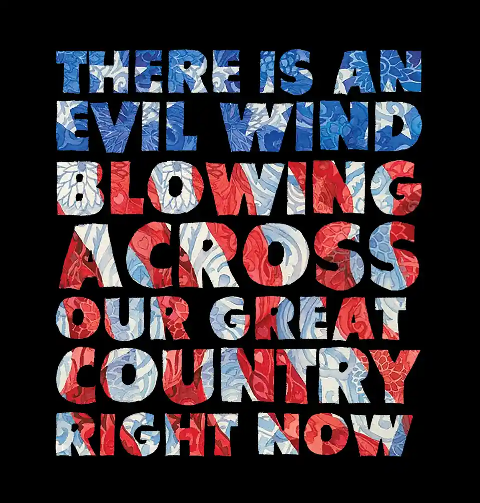 The image displays bold, blocky text against a black background, with letters filled with a swirling red, white, and blue…