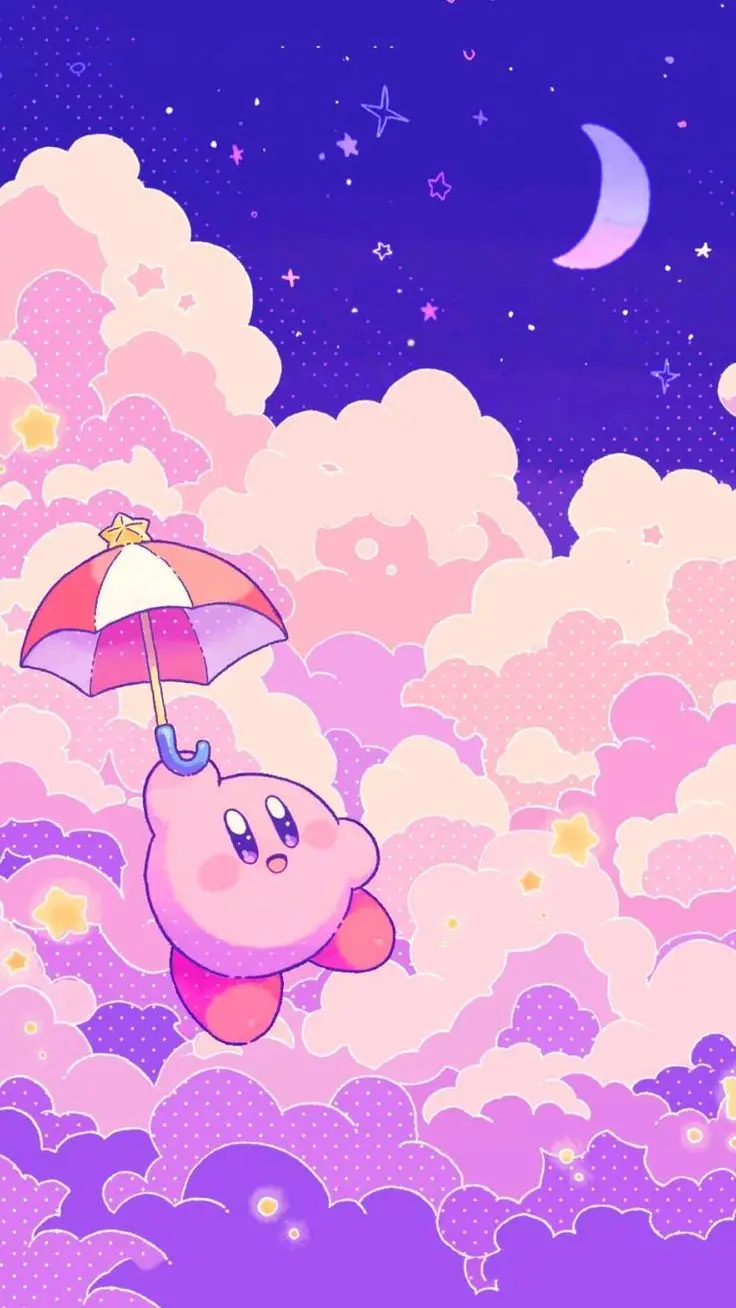 A pink, round cartoon character with big eyes and a small mouth floats through a dreamy sky filled with pastel pink and…